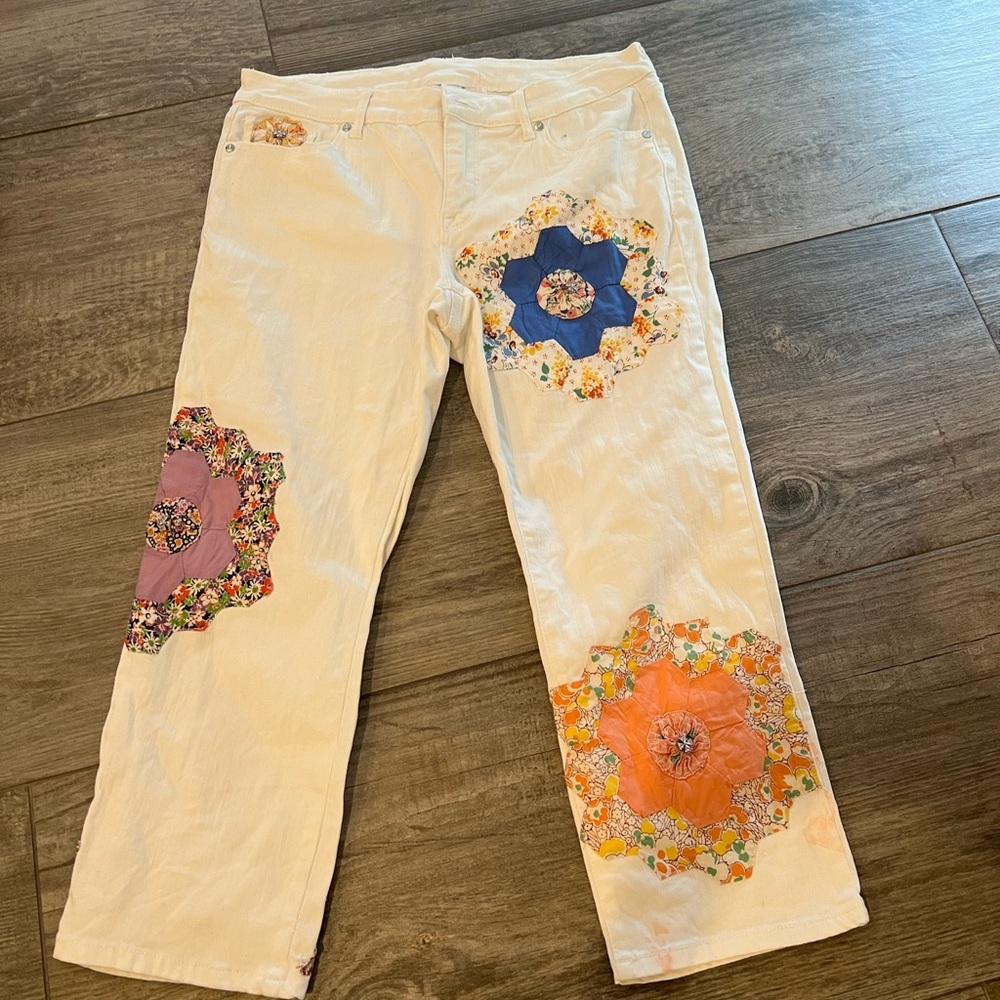 Up Cycled Patchwork, Print White Stretchy Denim J… - image 1